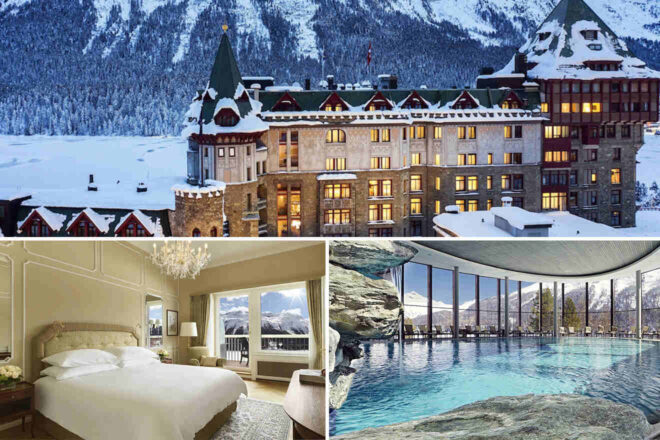 Collage of Badrutt's Palace Hotel set against a winter wonderland, highlighting the historic architecture of the hotel's exterior, a luxurious bedroom with elegant decor and mountain views, and an infinity pool with panoramic vistas of the snow-capped Alps