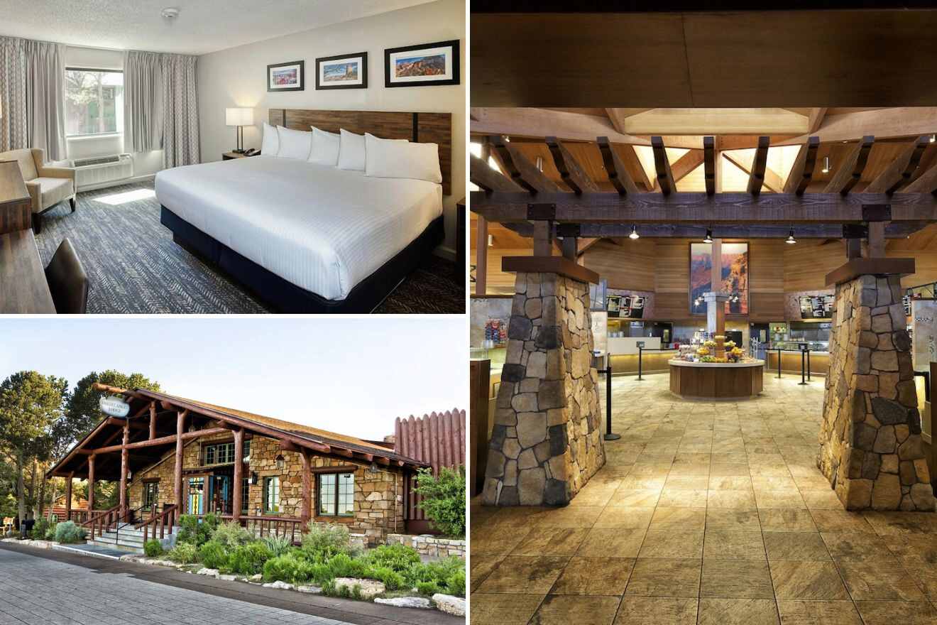 A collage of four hotel photos to stay in the Grand Canyon: A spacious, well-lit hotel bedroom with a large bed and seating area, an interior shot of a rustic hotel lobby with wood beams and stone columns, and a charming exterior view of a lodge-style hotel with stone walls and wooden accents