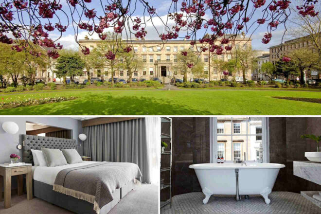 Luxurious Kimpton Blythswood Square hotel montage with a serene view of the hotel's exterior from a cherry blossom-lined park, a stylish gray-toned bedroom with a comfortable bed, and an elegant bathroom with a classic freestanding bathtub