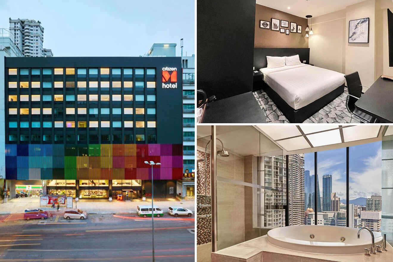 A collage of three hotel photos to stay in Bukit Bintang: Modern city hotel exterior with a vibrant, multicolored facade, a sleek and minimalist bedroom with a plush bed and framed wall art, and a spacious bathroom featuring a luxurious bathtub with a panoramic city view, encapsulating a blend of comfort and urban style