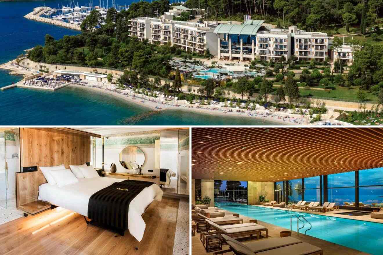A collage of three luxury hotel photos to stay in Rovinj with a pool: showcasing a beachfront resort with umbrellas on the sand, an interior view of a bedroom with elegant wooden furnishing, and an indoor pool surrounded by lounging areas