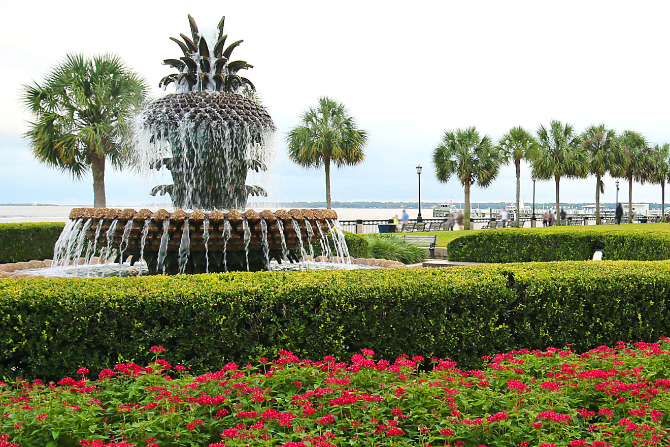 Charleston's famous Pineapple Fountain at the French Quarter, framed by vibrant red flowers and lush greenery, symbolizing hospitality with water cascading down the pineapple structure