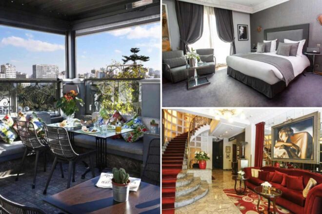 A collage of three hotel photos to stay in Casablanca: an outdoor dining area with a city view, a plush bedroom with elegant drapery and monochrome decor, and a grand lobby with red sofas and artwork