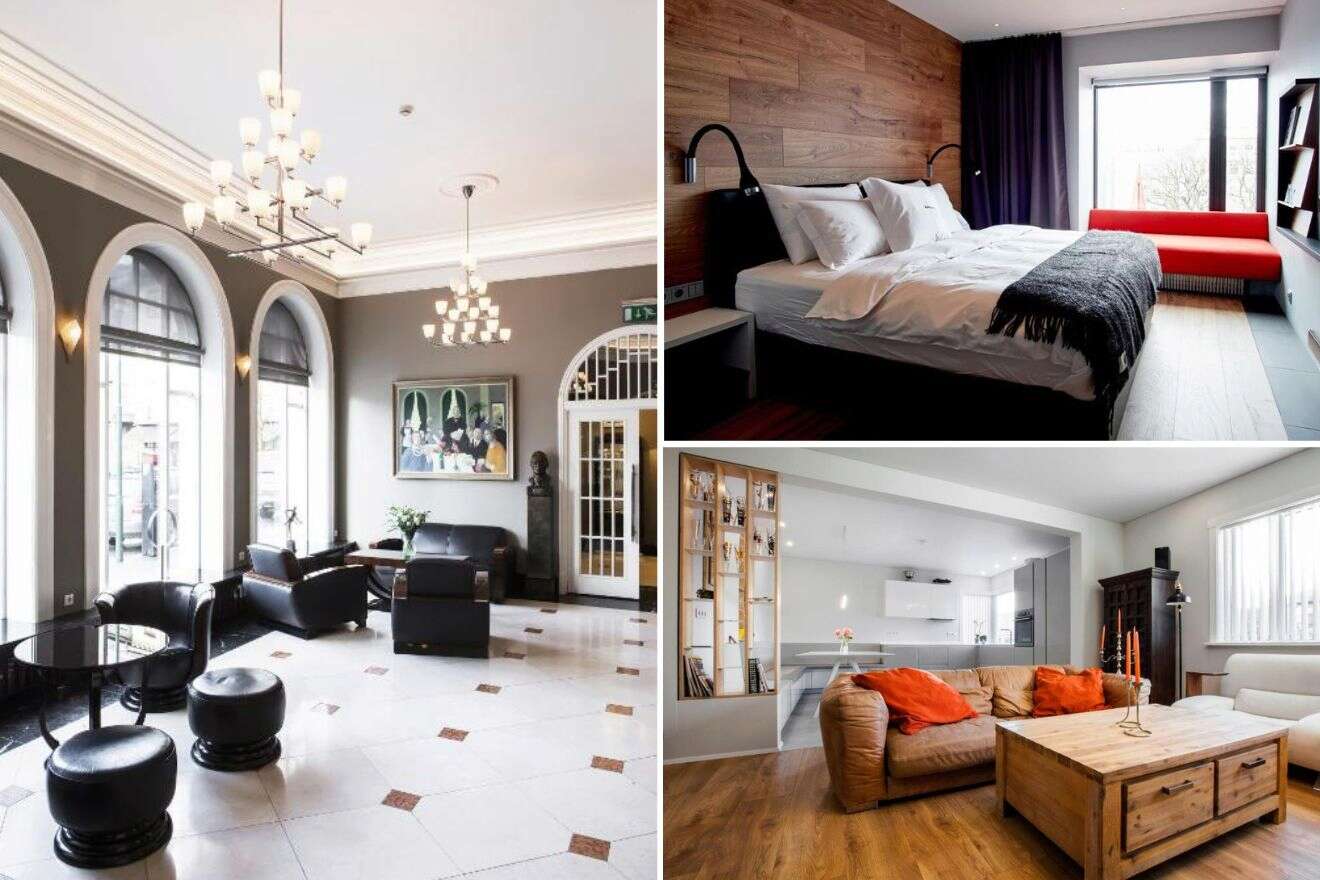 A collage of three hotel photos to stay in Iceland: an opulent lobby with arched windows and chic leather furniture, a cozy bedroom featuring a plush bed with wooden accents and a pop of red from a sleek sofa, and a spacious living area with a comfy tan sofa and modern kitchenette in the background.