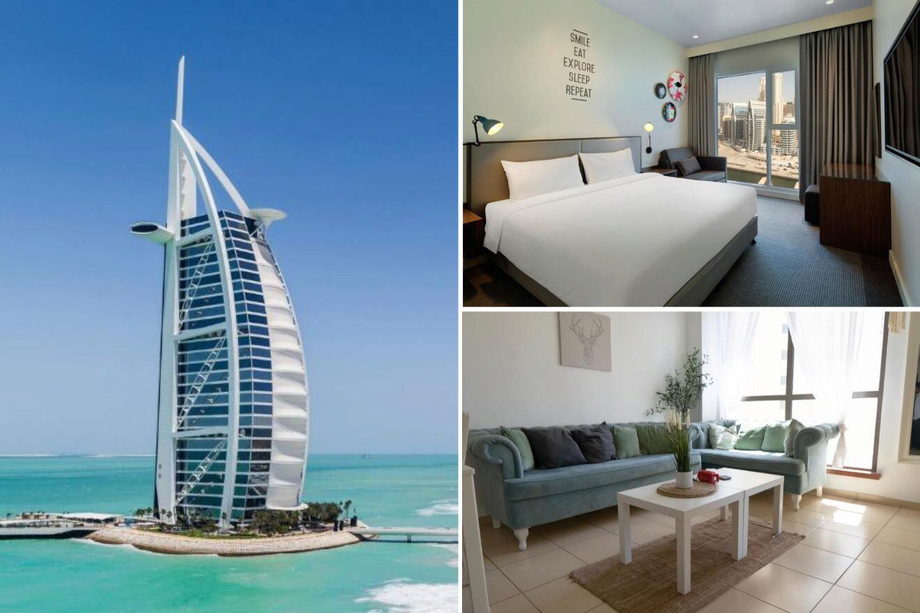 A collage of three hotel photos to stay in Dubai Marina & JBR for family: featuring the iconic sail-shaped Burj Al Arab against a clear sky, a cozy hotel bedroom with a motivational quote wall art, and a chic living room with modern furniture and natural light