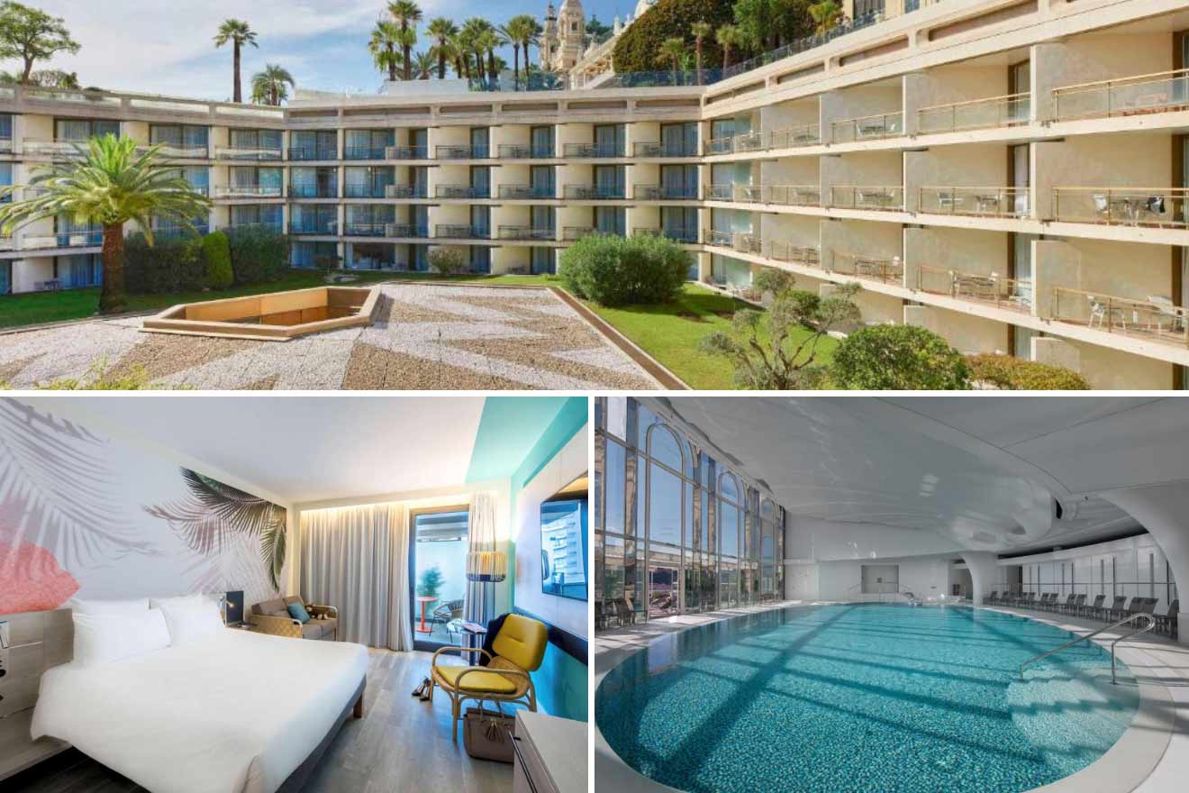 A collage of three hotel photos to stay in Monaco: The elegant exterior of a multi-story beachfront hotel with palm trees, a contemporary room with a bold tropical wall print, and an indoor pool with a sleek, curved ceiling.