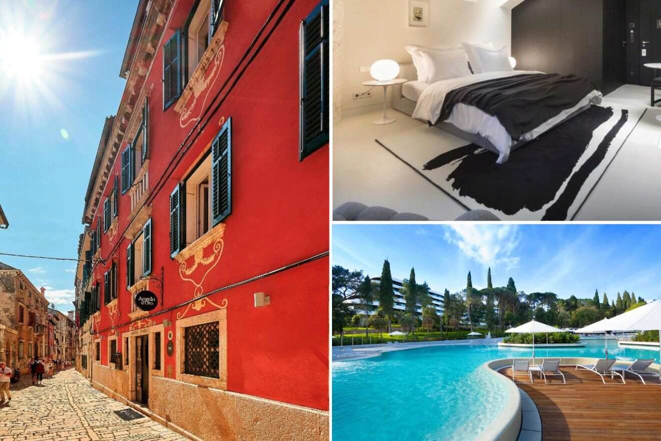 A collage of three luxury hotel photos in Rovinj with free parking: featuring a vibrant red building on a cobbled street, a chic minimalist bedroom, and a serene pool area encircled by lush greenery