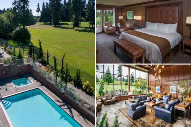 A collage of three photos showcasing accommodations near Olympic National Park: an aerial view of a lush golf course adjacent to an outdoor pool, a luxurious bedroom with a large bed and leather bench, and a grand living room with leather sofas and a full-height window offering scenic views of the greenery outside
