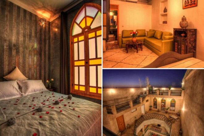 A collage of three hotel photos to stay in Marrakech: a cozy bedroom adorned with rose petals, a warm and inviting living space with traditional Moroccan décor, and a serene rooftop terrace at dusk.