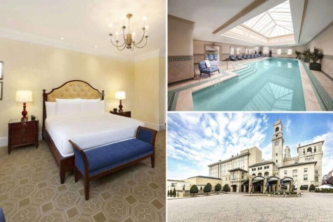 A collage of three hotel photos to stay in Richmond: a classic guest room with plush bedding and traditional wood furnishings, an indoor pool area with skylights and loungers, and the exterior showcasing the historic architecture of a grand hotel entrance.