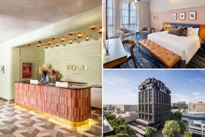 A collage of three hotel photos to stay in Johannesburg: the elegant VOCo reception area with terracotta tiles and a golden glow, a cozy bedroom with modern furnishings and framed wall art, and the building's exterior showcasing contemporary design amidst city surroundings
