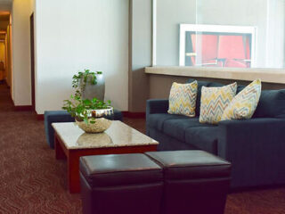 Neat hotel lounge area with a gray sofa, leather ottomans, and a coffee table with a plant centerpiece