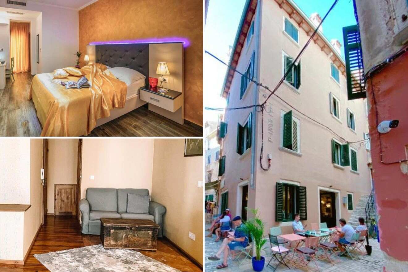 A collage of three mid-range hotel photos in Rovinj for couples: presenting a cozy bedroom with ambient lighting, a traditional façade with green shutters, and an inviting outdoor café scene in front of the hotel