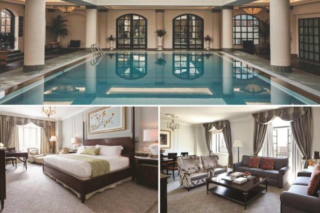 A collage of three hotel photos to stay in Charleston: an indoor pool with reflective water bordered by large arched windows, a traditional bedroom with green and white decor, and a spacious living room with elegant furniture and large windows.