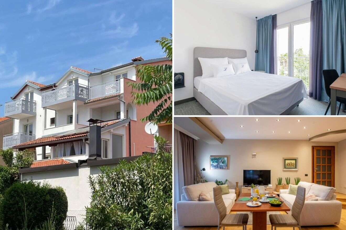 A collage of three mid-range hotel photos in Rovinj for shopping enthusiasts: highlighting a charming building with balconies, a pristine white-sheeted bedroom, and a spacious living area with modern amenities