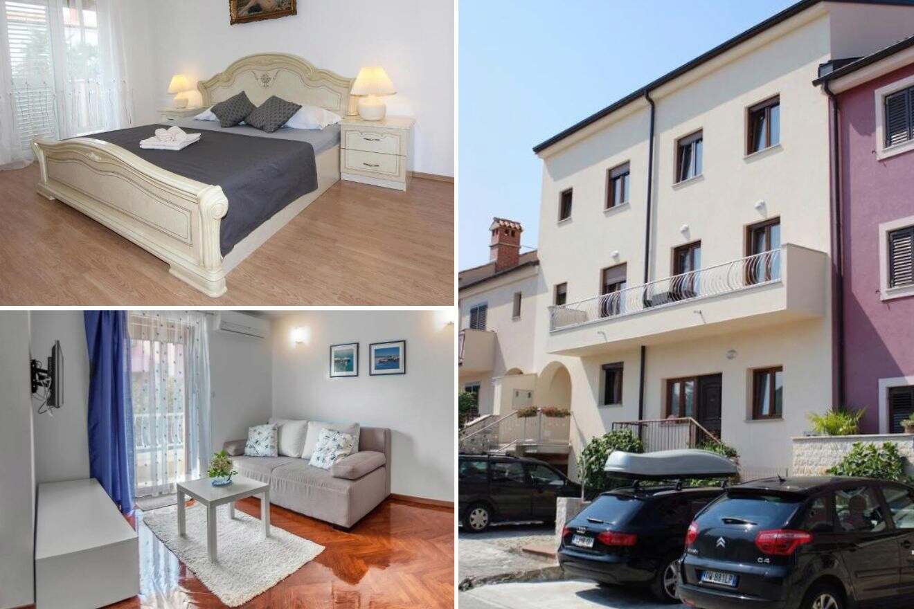 A collage of three budget hotel photos in Rovinj with free cancellation: illustrating a simple yet elegant bedroom, a welcoming apartment exterior, and a bright, colorful dining area.