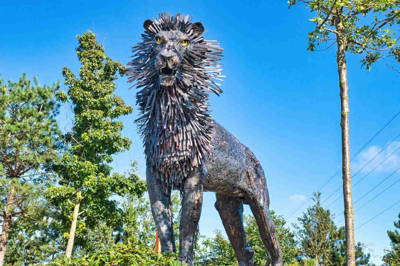Sculpture of Aslan at CS Lewis Square in Belfast, a tribute to the 'Chronicles of Narnia' author, with lush greenery in the background.