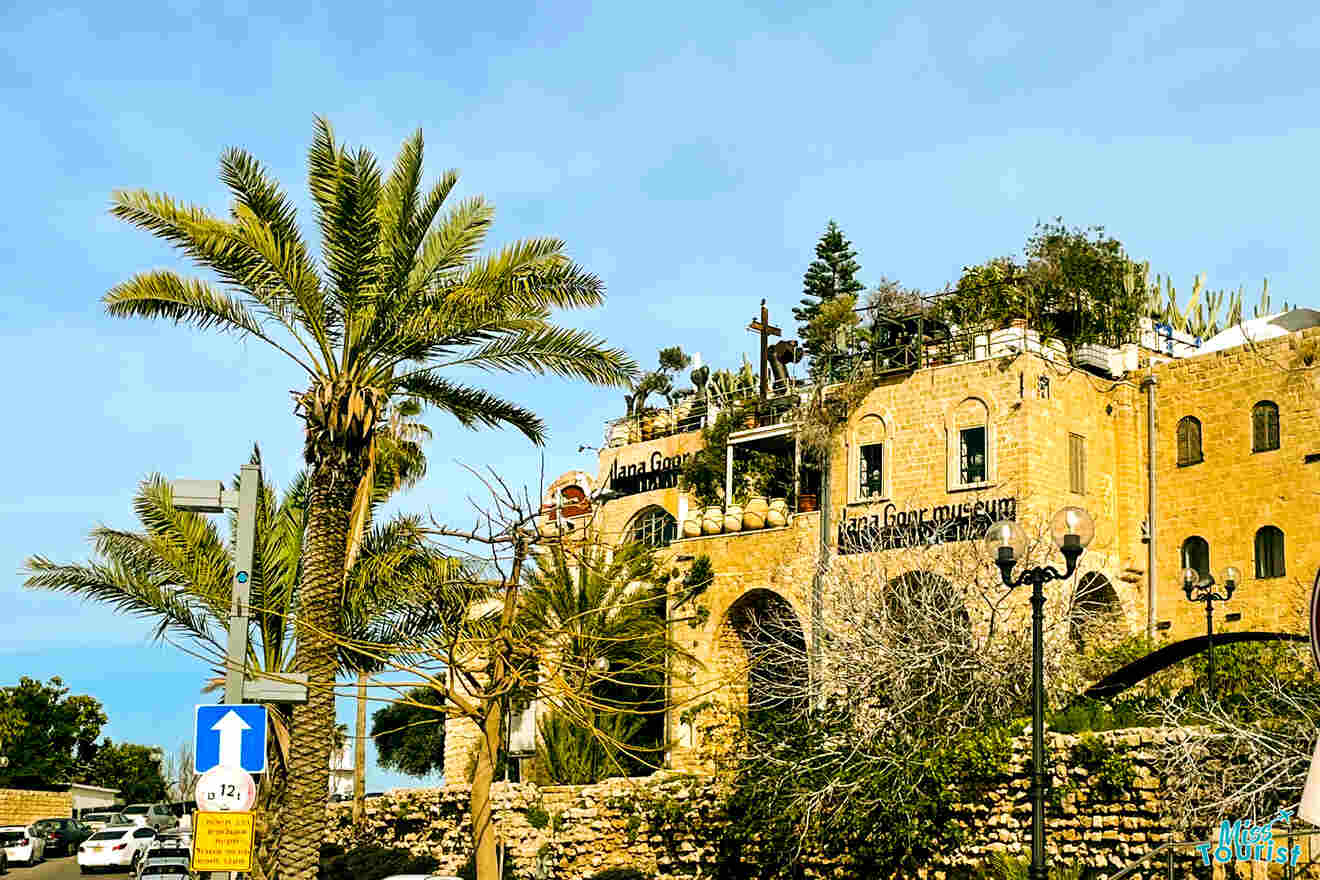 The iconic Ilana Goor Museum in Jaffa, framed by lush palm trees and overlooking a busy street