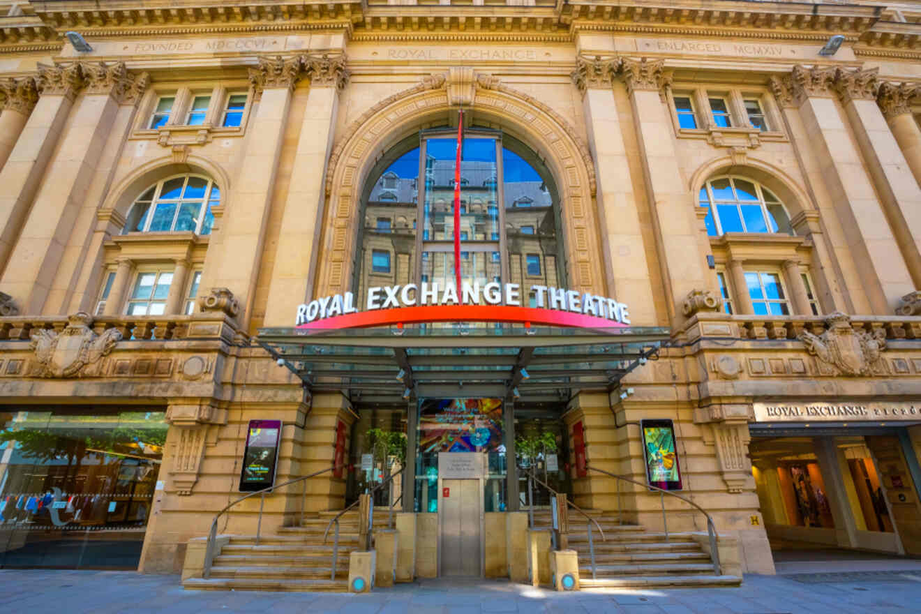 Front view of the Royal Exchange Theatre in Manchester, showing the classic architecture and entrance to this cultural venue.