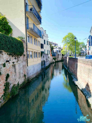 Clear reflections on the tranquil Brenta Canal in Padua, flanked by historical buildings and lush vegetation