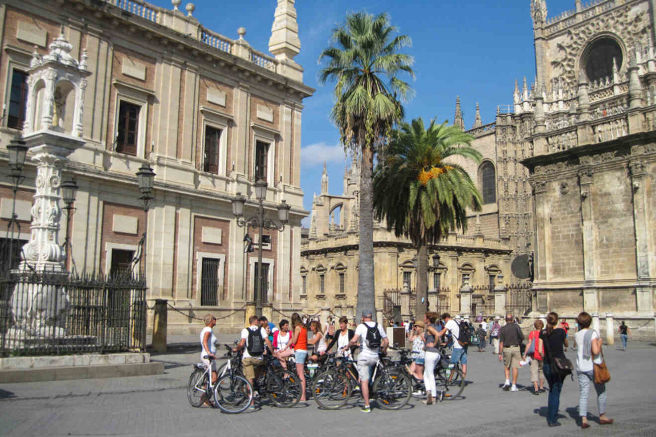 Cyclists on a guided bike tour congregating in front of Seville's historic architecture under a sunny sky, with palm trees and a grand building in the backdrop