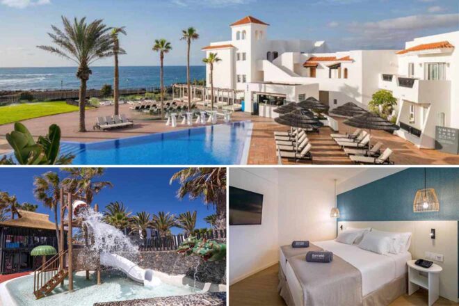 A collage of luxury hotel to stay in Caleta de Fuste:  a pool by the beach lined with palm trees, a white hotel building with a Spanish architectural style, and a clean and bright hotel room with modern decor