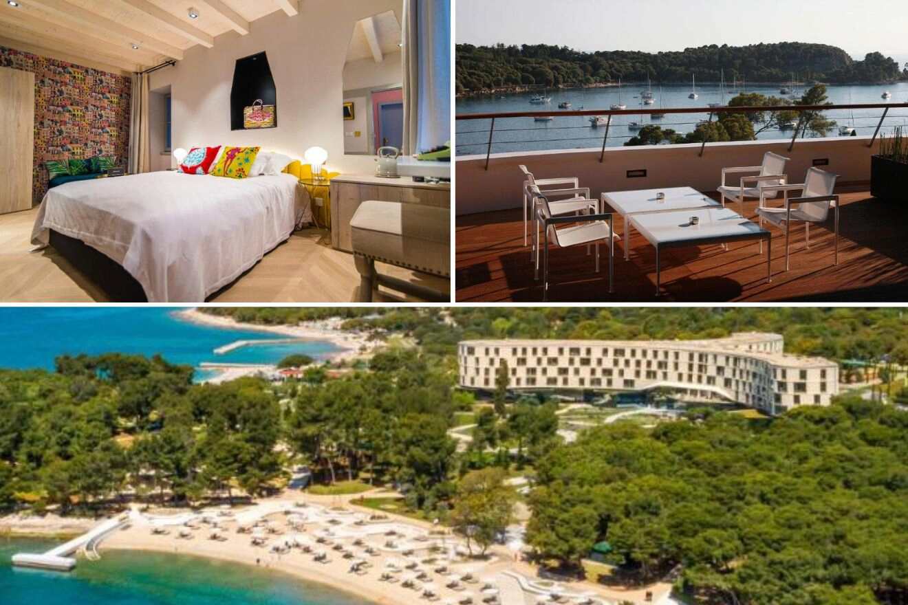 A collage of three family-friendly hotel photos on the beach in Rovinj: depicting a modern room with artistic décor, a spacious terrace with dining setup overlooking the marina, and a tranquil beach setting with lounge chairs