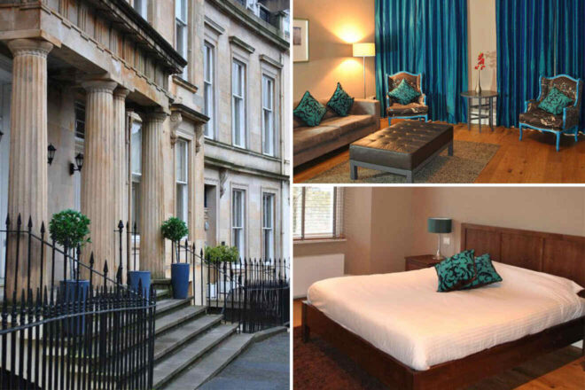 Collage of Dreamhouse Apartments Glasgow West End showcasing the grandiose entry with Corinthian columns, a living room with vibrant blue curtains and antique-style chairs, and a simple, cozy bedroom with wooden furnishings