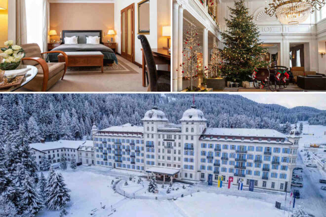 Collage of the Grand Hotel des Bains Kempinski in a winter setting; includes a cozy hotel room with elegant furnishings and a view, a grand lobby festively decorated for Christmas with a towering tree and a classic sleigh, and an aerial view of the majestic hotel facade surrounded by a snowy landscape