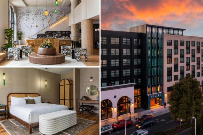 A collage of three hotel photos to stay in Temescal: the stylish lobby with chic decor, a serene and modern guest room, the hotel's imposing exterior at twilight, and the inviting entrance under warm evening lights
