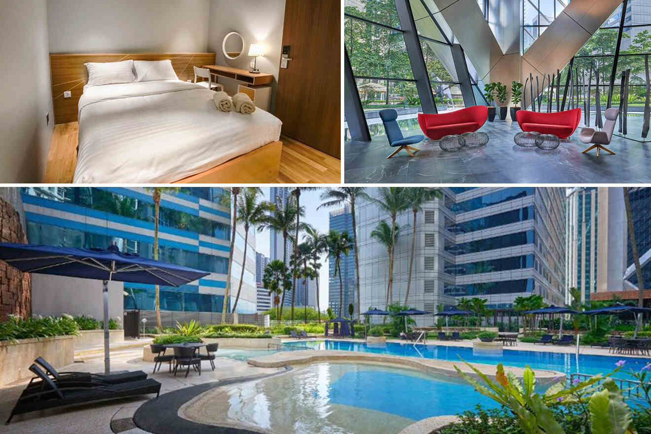 A collage of three hotel photos to stay in KLCC: Cozy hostel bedroom with warm lighting and wooden accents, a trendy lobby lounge with floor-to-ceiling windows and bold red chairs, and an inviting outdoor pool surrounded by palm trees, reflecting a perfect mix of budget-friendly comfort and stylish design in Kuala Lumpur
