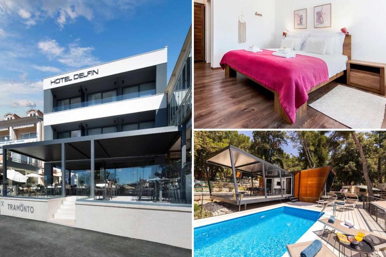 A collage of three top-rated hotel photos for families in Rovinj: capturing the sleek design of Hotel Delfin, a warmly decorated bedroom, and a contemporary pool with a shaded lounge area