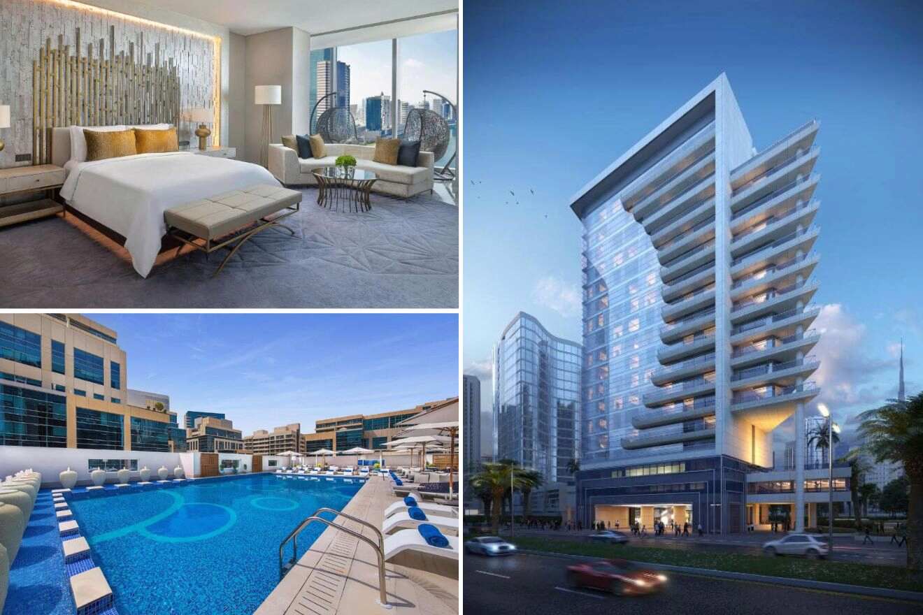 A collage of three hotel photos to stay in Downtown Dubai & Business Bay: showcasing a posh bedroom with a stunning city view, a luxurious building exterior at twilight, and an inviting hotel pool surrounded by the urban skyline.