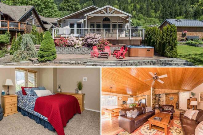 A collage of three photos featuring a stay near Olympic National Park: a charming cabin exterior surrounded by lush flowering shrubs and a hot tub, a cozy bedroom with a blue and red bedding, and a spacious living room with a vaulted ceiling and comfortable leather furniture.