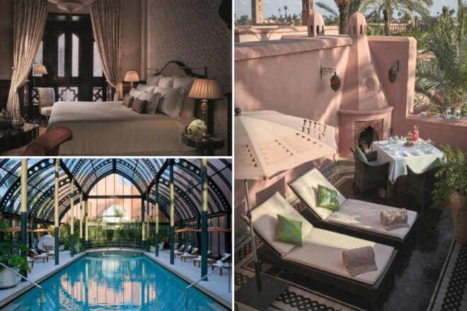 A collage of three hotel photos to stay in Marrakech: an opulent room with latticed window coverings, a romantic dining setup on a rooftop overlooking palm trees, and a luxurious pool under a glass canopy.