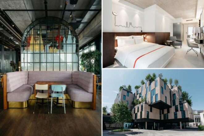 A collage of three hotel photos to stay in Cologne: an urban-style lobby with a curved couch and industrial accents, a minimalist bedroom with sleek furniture and a line art headboard, and the geometric facade of a contemporary hotel building