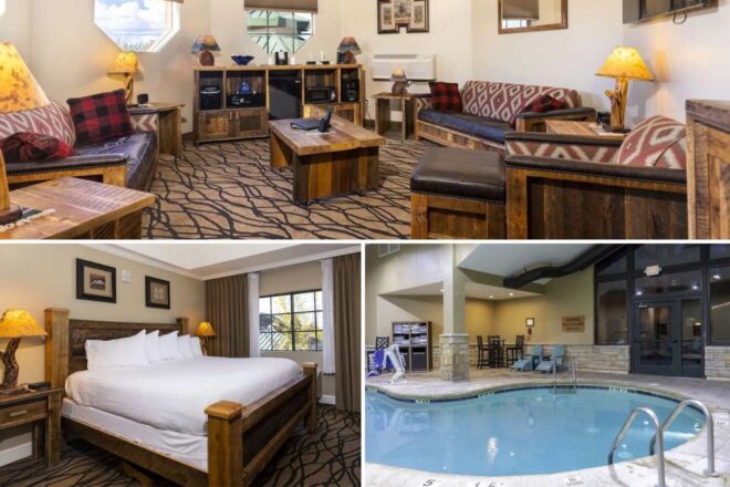 A collage of four hotel photos to stay in the Grand Canyon: A homely hotel living space with cozy couches and a desk, a classic wooden hotel bedroom with a king-size bed, and a tidy indoor pool area with lounge chairs