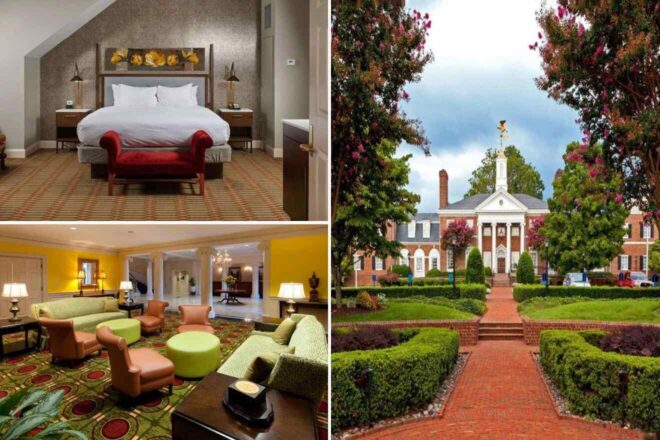 A collage of three hotel photos to stay in Richmond: a chic bedroom with textured wallpaper and vibrant accents, a welcoming hotel lobby with eclectic seating and bright colors, and a manicured courtyard leading to an elegant colonial-style building entrance.