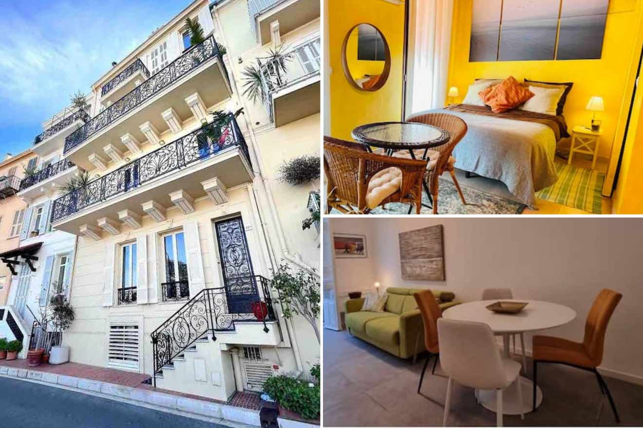 A collage of three hotel photos to stay in Monaco-Ville: A charming, traditional facade with wrought-iron balconies, a cozy bedroom featuring vibrant yellow walls, and a minimalist dining area with a circular white table and modern furniture.