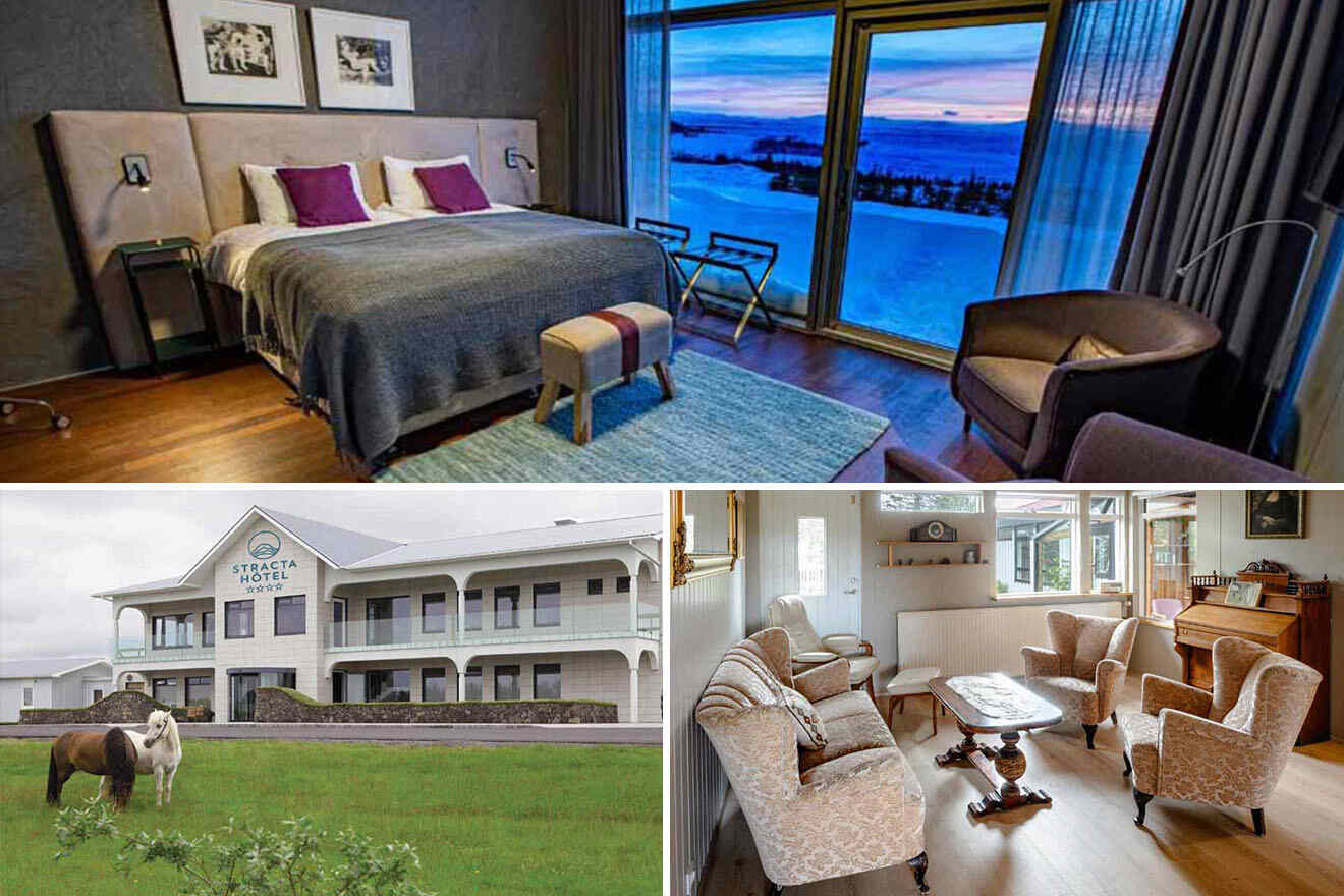 Golden Circle hotel experience montage with a bedroom featuring sunset views over a tranquil bay, a welcoming living area with classic furnishings, and the hotel exterior with horses grazing out front