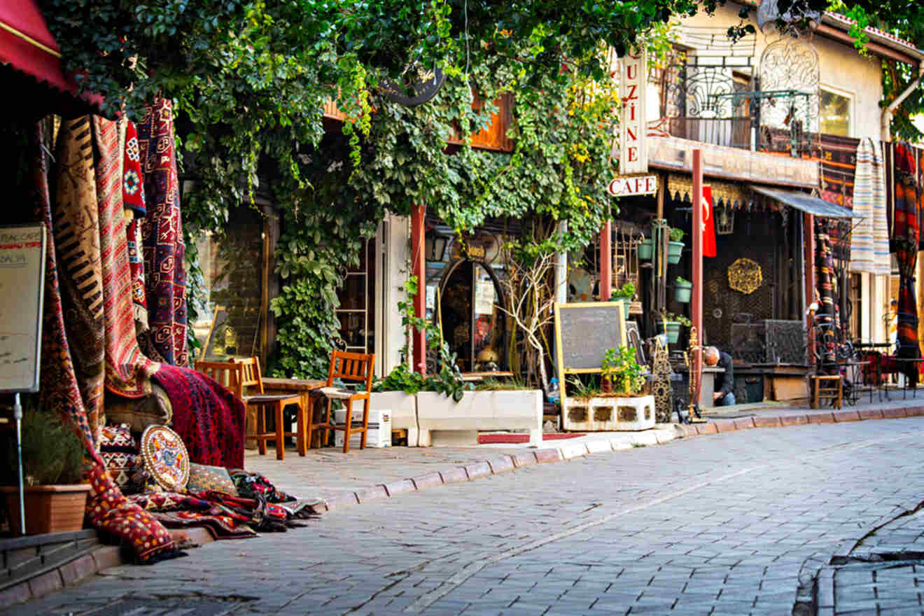 A quaint, leafy café street in Ankara, giving off a cozy and artistic vibe with Turkish cultural decorations.