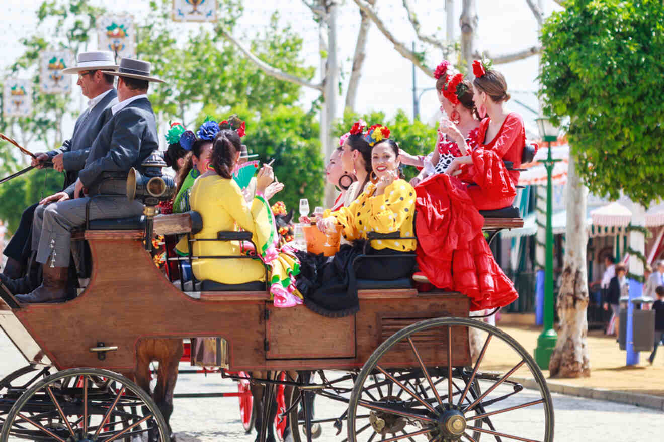 Vibrant scene at the Feria de Abril with elegantly dressed people riding a traditional horse-drawn carriage, enjoying the festive atmosphere