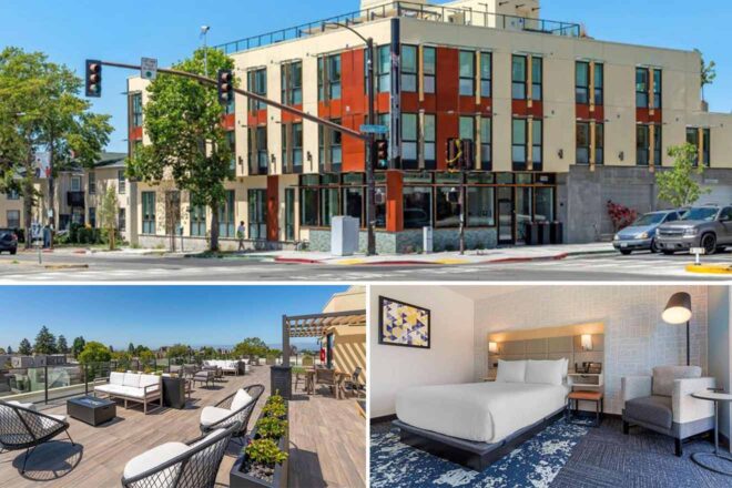 A collage of three hotel photos to stay in Berkeley: a modern street view of the hotel's colorful facade, a welcoming rooftop patio setup, and a cozy, well-appointed guest room with contemporary decor