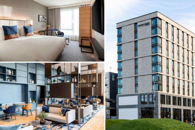 Collage of Courtyard by Marriott Glasgow featuring a modern hotel room with plush bedding and neutral tones, a chic lobby lounge with blue accents, and the hotel's contemporary exterior architecture