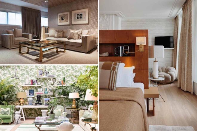 Collage featuring plush interiors; a living room with neutral tones and elegant furnishings, a vibrant botanical-themed workspace, and a cozy, minimalist bedroom with warm lighting and comfortable seating