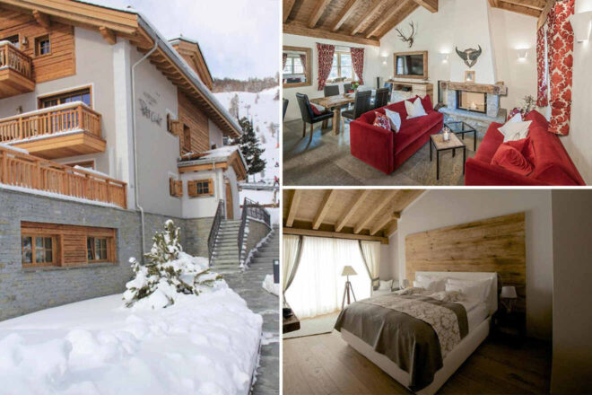 Collage of Hotelino Petit Chalet, featuring the snow-covered chalet-style exterior, a cozy living room with rustic decor and a fireplace, and a serene bedroom with wood accents and a plush bed, encapsulating a luxurious alpine retreat