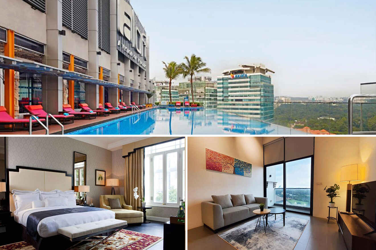 A collage of three hotel photos to stay in KL Sentral: a stunning rooftop pool with vibrant loungers, a spacious and elegant bedroom with classic decor, and a modern living area with sleek furniture and large windows offering city views, combining upscale amenities and contemporary comfort