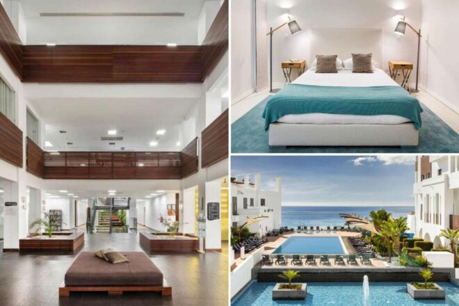 A collage of three hotel photos to stay in Lagos: A spacious lobby with wooden balconies and indoor plants, a minimalistic bedroom with a turquoise throw over the bed, and a stunning pool area overlooking the ocean with loungers and palm trees.