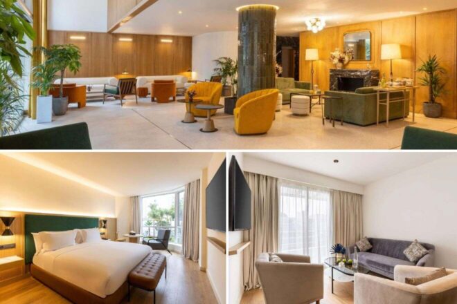 A collage of three hotel photos to stay in Casablanca: a spacious lounge with mid-century modern accents and a feature fountain, an inviting bedroom with a green headboard and modern lighting, and a cozy seating area with a grey sofa and large window