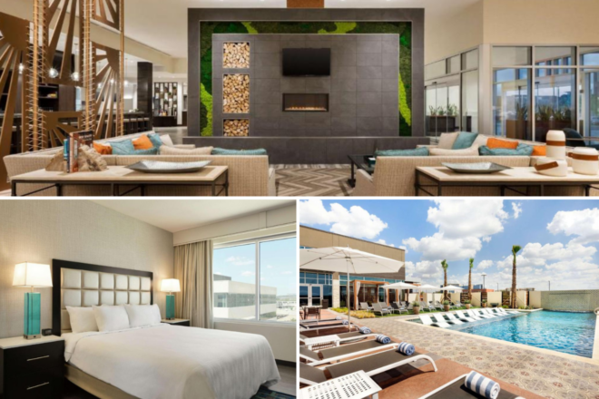 A collage of three hotel photos to stay in San Antonio: an inviting hotel lobby with an artistic fireplace and comfortable seating, a minimalist bedroom with a large window, and a pool area with sun loungers and decorative tiling.